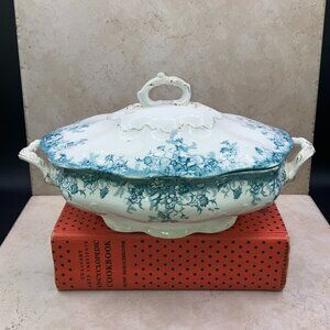ANTIQUE New Wharf Pottery Covered Vegetable Dish Transfer Ware 1878-1894